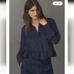 Maeve By Anthropologie Silky Ruffle‎ Button Down Shirt Blouse Polka Dot Top